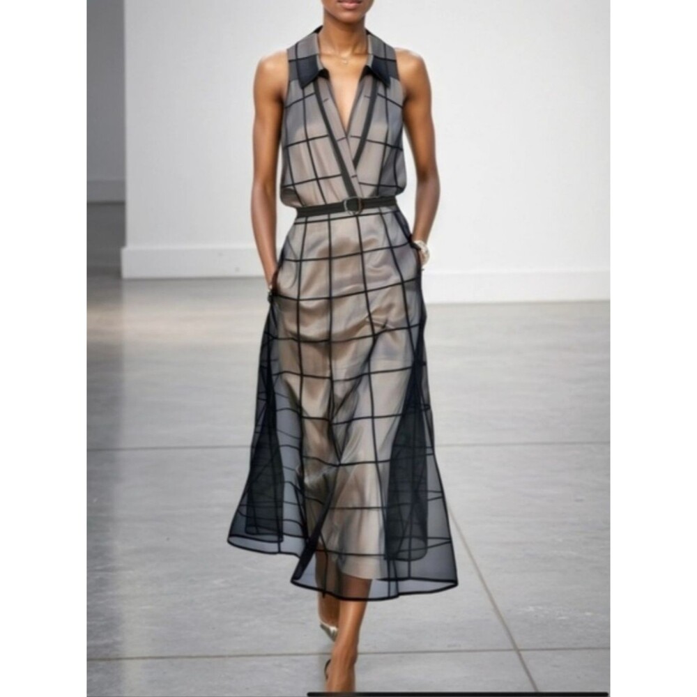 NWT Modesees Sleeveless Black Overlay Grid A-Line Dress Size Small